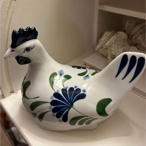 Dansk White Ceramic hen/chicken with green and blue floral design